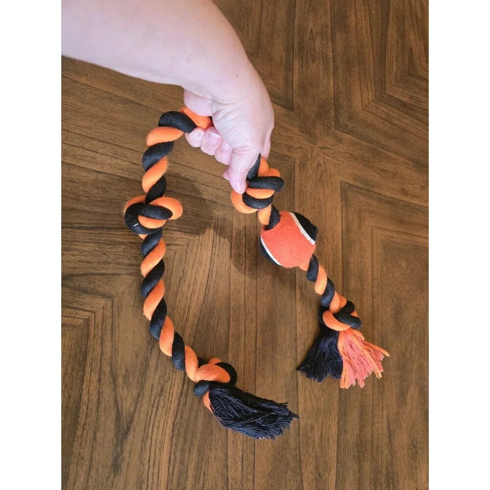 Orange Black Rope Dog Tug Toy Tennis Ball Knotted Chew Fetch Halloween M L XL